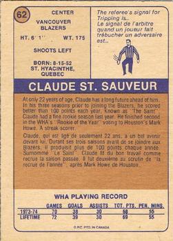 1974-75 O-Pee-Chee WHA #62 Claude St. Sauveur Back