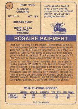 1974-75 O-Pee-Chee WHA #7 Rosaire Paiement Back