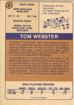 1974-75 O-Pee-Chee WHA #8 Tom Webster Back