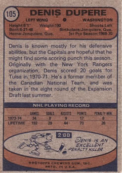 1974-75 Topps #105 Denis Dupere Back