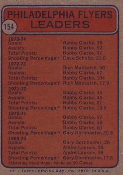 1974-75 Topps #154 Flyers Team Leaders (Bobby Clarke / Dave Schultz) Back