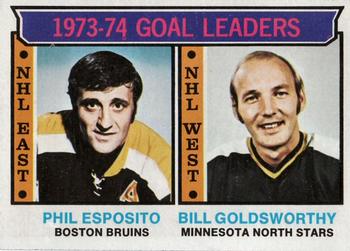 1974-75 Topps #1 1973-74 Goal Leaders (Phil Esposito / Bill Goldsworthy) Front