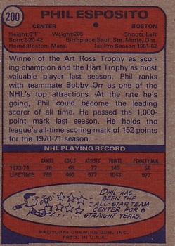 1974-75 Topps #200 Phil Esposito Back