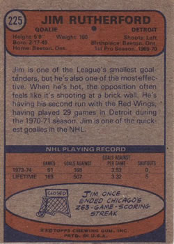 1974-75 Topps #225 Jim Rutherford Back