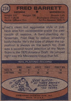 1974-75 Topps #234 Fred Barrett Back