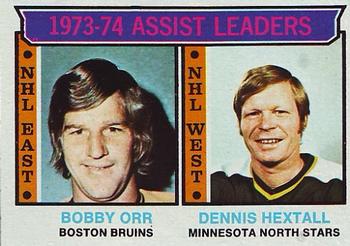 1974-75 Topps #2 1973-74 Assist Leaders (Bobby Orr / Dennis Hextall) Front