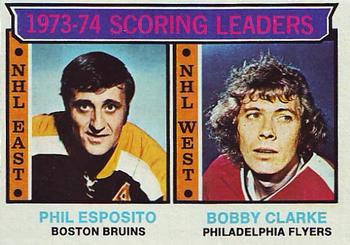 1974-75 Topps #3 1973-74 Scoring Leaders (Phil Esposito / Bobby Clarke) Front