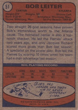 1974-75 Topps #51 Bob Leiter Back