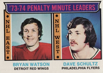 1974-75 Topps #5 1973-74 PIM Leaders (Bryan Watson / Dave Schultz) Front