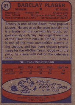 1974-75 Topps #87 Barclay Plager Back