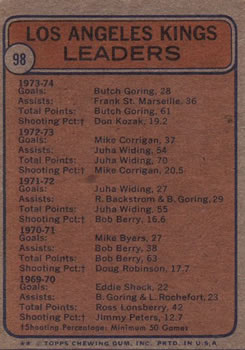 1974-75 Topps #98 Butch Goring / Frank St. Marseille / Don Kozak Back