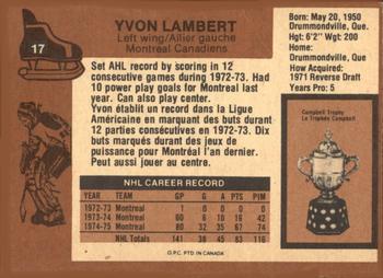1975-76 O-Pee-Chee #17 Yvon Lambert Back