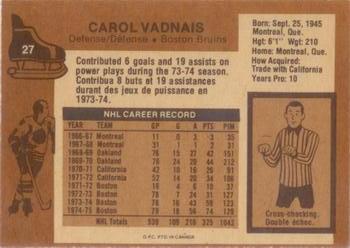 1975-76 O-Pee-Chee #27 Carol Vadnais Back