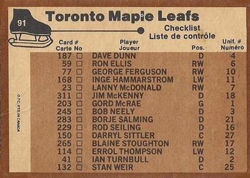 1975-76 O-Pee-Chee #91 Toronto Maple Leafs Back