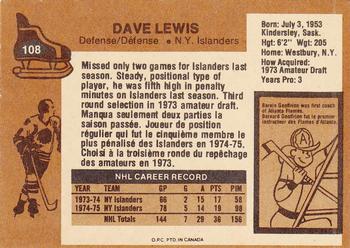 1975-76 O-Pee-Chee #108 Dave Lewis Back