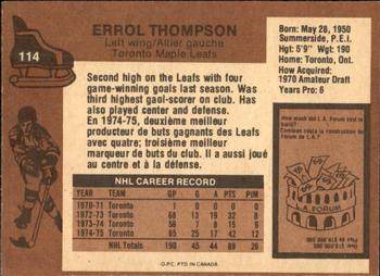 1975-76 O-Pee-Chee #114 Errol Thompson Back
