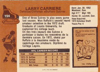 1975-76 O-Pee-Chee #154 Larry Carriere Back