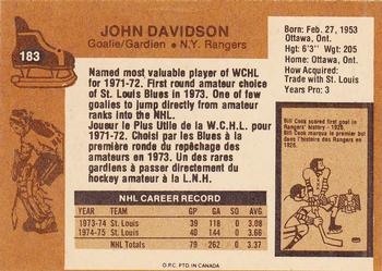 1975-76 O-Pee-Chee #183 John Davidson Back