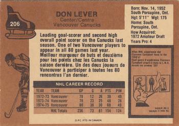1975-76 O-Pee-Chee #206 Don Lever Back