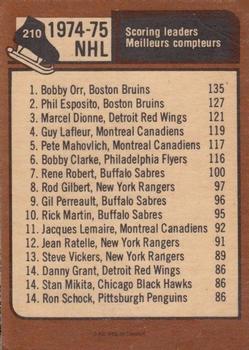 1975-76 O-Pee-Chee #210 1974-75 Scoring Leaders (Bobby Orr / Phil Esposito/ Marcel Dionne) Back