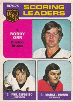 1975-76 O-Pee-Chee #210 1974-75 Scoring Leaders (Bobby Orr / Phil Esposito/ Marcel Dionne) Front