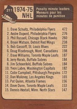 1975-76 O-Pee-Chee #211 1974-75 Penalty Min. Leaders (Dave Schultz / Andre Dupont / Phil Russell) Back