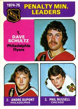 1975-76 O-Pee-Chee #211 1974-75 Penalty Min. Leaders (Dave Schultz / Andre Dupont / Phil Russell) Front