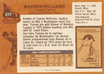 1975-76 O-Pee-Chee #217 Warren Williams Back