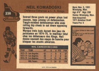 1975-76 O-Pee-Chee #238 Neil Komadoski Back