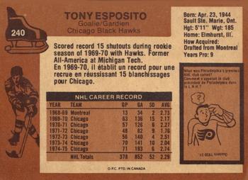 1975-76 O-Pee-Chee #240 Tony Esposito Back