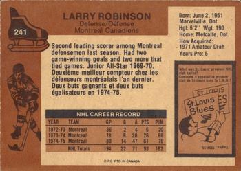 1975-76 O-Pee-Chee #241 Larry Robinson Back