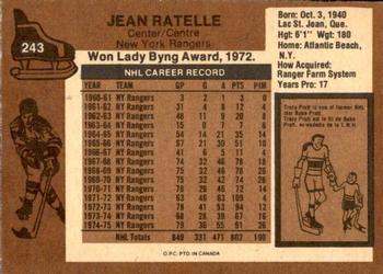 1975-76 O-Pee-Chee #243 Jean Ratelle Back