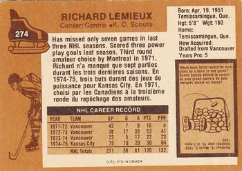 1975-76 O-Pee-Chee #274 Richard Lemieux Back
