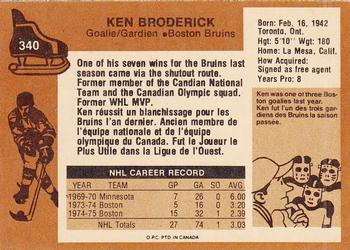 1975-76 O-Pee-Chee #340 Ken Broderick Back