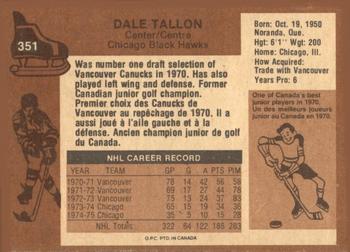 1975-76 O-Pee-Chee #351 Dale Tallon Back