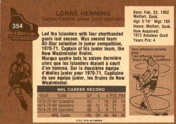 1975-76 O-Pee-Chee #354 Lorne Henning Back