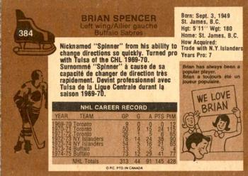 1975-76 O-Pee-Chee #384 Brian Spencer Back