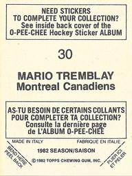 1982-83 O-Pee-Chee Stickers #30 Mario Tremblay Back