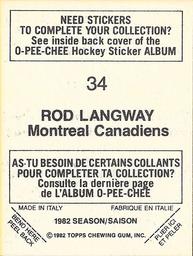 1982-83 O-Pee-Chee Stickers #34 Rod Langway Back