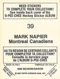 1982-83 O-Pee-Chee Stickers #39 Mark Napier Back