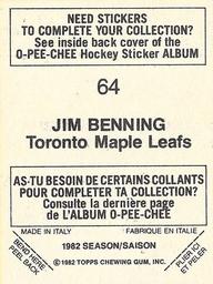 1982-83 O-Pee-Chee Stickers #64 Jim Benning Back