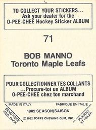 1982-83 O-Pee-Chee Stickers #71 Bob Manno Back