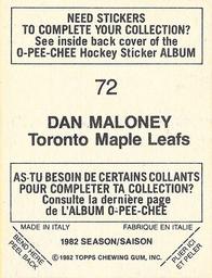 1982-83 O-Pee-Chee Stickers #72 Dan Maloney Back