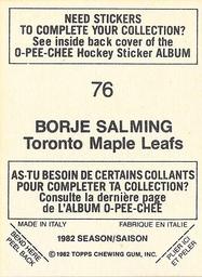 1982-83 O-Pee-Chee Stickers #76 Borje Salming Back