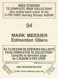 1982-83 O-Pee-Chee Stickers #94 Mark Messier Back