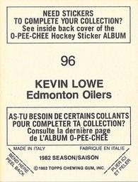 1982-83 O-Pee-Chee Stickers #96 Kevin Lowe Back