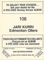 1982-83 O-Pee-Chee Stickers #108 Jari Kurri Back