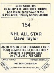 1982-83 O-Pee-Chee Stickers #164 Dave Taylor Back