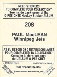 1982-83 O-Pee-Chee Stickers #208 Paul MacLean Back
