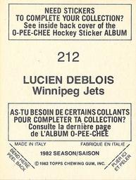 1982-83 O-Pee-Chee Stickers #212 Lucien DeBlois Back